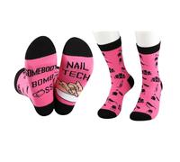 FUNYSO Nail Artist Gift Nail Technician Gift Somebody'S Bomb Ass Nail Tech Novelty Socks (UK, Alpha, One Size, Regular, Regular, NAIL TECH Socks UK)