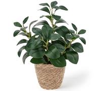 Funzhan 15 Inch Artificial Potted Plant with Woven Seagrass Basket Set | Deep green realistic broad leaf faux plant, small fake greenery for tabletop, home office, kitchen, living room shelf decor