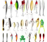 Funzhan 27Pcs Fishing Lures Kit - Saltwater and Freshwater Tackle Box with Hard Baits (Spoons, Poppers, Frogs) and Soft Lures for Bass, Trout & Pike Fishing for Men Dad