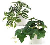 Funzhan 2pcs Mini Artificial Plant Potted Indoor Decoration in White Pot Fake Plants Realistic Faux Hanging Plant Greenery Props Modern for Living Room Thanksgiving Home Ornament