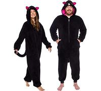 Funziez! Adult Unisex Sherpa Cat Pajamas - Plush One Piece Animal Costume - Comfortable Jumpsuit, Black, S