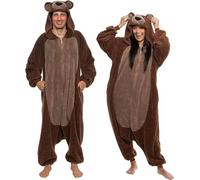 Sherpa Bear Adult Onesie - Animal Halloween Costume - Plush Teddy One Piece Cosplay Suit for Adults, Women and Men FUNZIEZ!, Brown Bear, Small