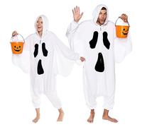 Funziez! Unisex Ghost Costume Pajamas - One Piece Plush Novelty Halloween Jumpsuit for Adults - White - X-Large