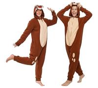 Funziez! Unisex Reindeer Christmas Costume Pajamas - One Piece Plush Novelty Holiday Jumpsuit - Brown - Large