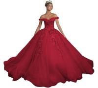 Fuomomo 3D Flower Quinceanera Dresses Off Shoulder Tulle Ball Gown Princess lace Dress Sparkly Tulle Sweet 16 Dresses MT044 Burgundy