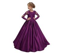 Fuomomo Beautiful Girls Dress Satin V Back Long Sleeve Princess Lace Wedding Dress Long Sleeve