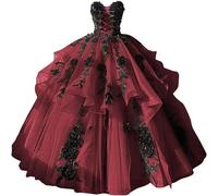 Fuomomo Gothic Quinceanera Dresses with Tulle and Black Floral Lace Bohemian Off The Shoulder Quinceanera and Sweet 15 Dresses MT048
