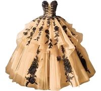 Fuomomo Gothic Quinceanera Dresses with Tulle and Black Floral Lace Bohemian Off The Shoulder Quinceanera and Sweet 15 Dresses MT048