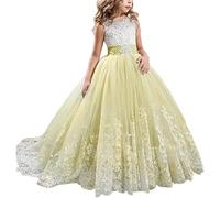 Fuomomo Long Lace Dress for Girls - Tulle Princess Pageant Dress - Flower Girls Formal Evening Party Dress - Yellow