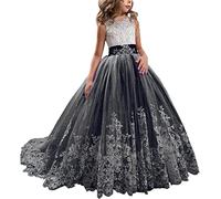 Fuomomo Long Lace Tulle Princess Pageant Dress for Girls - Formal Evening Party Dress Black