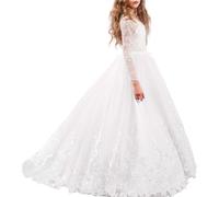 Fuomomo Long Sleeve Lace Applique Flower Girl Dress Princess First Communion Baptism Formal Occasion Floor Length Pageant Dress Bridesmaid Christening Birthday Christmas Party Ball Gown MT029 White
