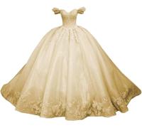 Fuomomo Princess Sweet 15 16 Quinceanera Dresses Off Shoulder Quinceanera Dresses Puffy Tulle Prom Dresses Long Birthday Party Dresses with Train MT026 Champagne