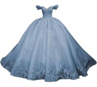 Fuomomo Princess Sweet 15 16 Quinceanera Dresses Off Shoulder Quinceanera Dresses Puffy Tulle Prom Dresses Long Birthday Party Dresses with Train MT026 Dusty Blue