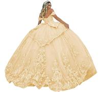 Fuomomo Tulle Quinceanera Dresses Ball Gown Sparkly Lace Appliques Quinceanera Dresses Off Shoulder Long Princess Prom Dress MT038 Champagne