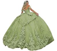 Fuomomo Tulle Quinceanera Dresses Ball Gown Sparkly Lace Appliques Quinceanera Dresses Off Shoulder Long Princess Prom Dress MT038