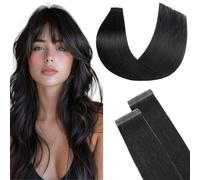 FUOTONBUTY Tape Extensions, Real Hair, Double Stitched, Black Tape-In Extensions, Real Hair, 20 Pieces, 50 g, Invisible Tape Extensions, Tape-On Extensions, Real Hair, 40 cm