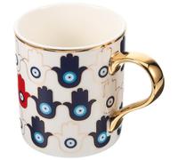 FUOYLOO Ceramic Evil Eye Coffee Cup and Saucer Set 300ml Beige Stylish Drinking Mug with Comfortable Grip and Firm Stand for Home and Office Use