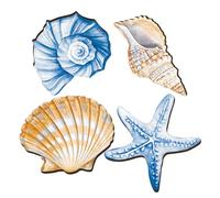 FUOYLOO Coastal Wooden Conch Shell Wall Hanging 4Pcs Rustic Bathroom Decor Mediterranean Style Seashell Ornaments for Nautical Themed Bedroom or Hawaii Party