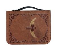 FUOYLOO PU Leather Bible Carrying Case with Handle and Pockets - Cross and Wing Pattern Bible Tote Bag - Zippered Book Carrier for Daily Reading Faith Activities
