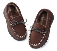 FUPPIA Boys House Slippers Memory Foam Moccasin Shoes Plush Lining Non Slip Indoor Outdoor Boys Slippers for Little Big Kids Brown 4