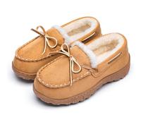 FUPPIA Boys Moccasin Slippers Memory Foam Kids House Shoes Nonslip Indoor & Outdoor Slippers With Bow Tie Beige 3