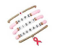 Fuqimanman2020 5 Pcs Breast Cancer Bracelets Pink Ribbon Heishi Surfer Bracelets Pink Red Stackable Bracelets Set HOPE FIGHT Breast Cancer Survivor Support Jewelry Gifts, M, Zinc, no gemstone