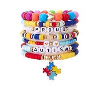 Fuqimanman2020 7Pcs Autism Awareness Stackable Bracelets Colorful Clay Bead Stretch Bracelet Puzzle Piece Pendant Jewelry Gift, M, Zinc, no gemstone