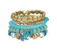 Fuqimanman2020 Boho Stackable Beaded Bracelet Set Multi-Layer Bohemian Stretch Bracelets with Tassel Charm Gold Accent Beaded Jewelry for Women, 5 UK, Stone, no gemstone