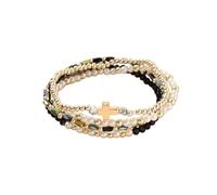 Fuqimanman2020 Colorful Stackable Cross Crystal Beaded Bracelets for Women Cross Charm Gold Beads Bracelet Multilayred Imitation Pearl Beads Stretch Bracelet Jewelry Gift, Fixed, Zinc, no gemstone