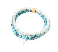 Fuqimanman2020 Multi-Layer Christian Cross Bracelet Set Natural Stone Pearl Gold Bead Stackable Bracelets Christian Birthday Jewelry Gift, M, Zinc, no gemstone