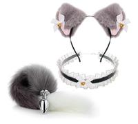 Fur Accessory Set - Butt Plug Tail Nipple Clamp, Cat Ears, Headband - Metal Anal Sex Toys for Women, Man Beginners Butt Trainer Set