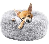 Fur & Bone 40Cm Grey Plush Donut Dog Bed - Fluffy Self-Warming Pet Bed - Washable With Non-Slip & Waterproof Bottom