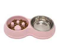 Fur & Bone Double Slow Feeder Dog Bowl - (Pink) - Non-Slip Base & Stainless Steel Inserts - Detachable Food & Water Set