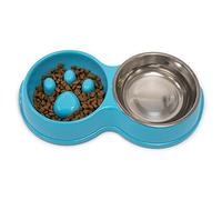 Fur & Bone Double Slow Feeder Dog Bowl | Raised Dog Bowl with Non-Slip Bottom | Cat Food Bowl, Dog Bowls | Dog Water Bowl, Cat Bowls, Stainless Steel Bowl | Detachable Raised Cat Bowl (Blue)