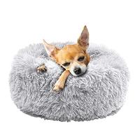 Fur & Bone Round Plush Donut Dog Bed - Fluffy Self-Warming Pet Bed - Washable with Non-Slip & Waterproof Bottom - Calming Dog & Cat Bed (40cm, Grey)