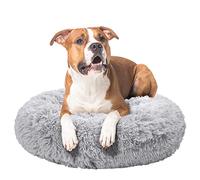 Fur & Bone Round Plush Donut Dog Bed - Fluffy Self-Warming Pet Bed - Washable with Non-Slip & Waterproof Bottom - Calming Dog & Cat Bed (60cm, Grey)