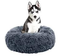 Fur & Bone Round Plush Donut Dog Bed - Fluffy Self-Warming Pet Bed - Washable with Non-Slip & Waterproof Bottom - Calming Dog & Cat Bed (50cm, Dark Grey)