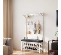 Fur Coat Rack with Shoe Bench - 9 Hooks & 2-Tier Storage for Entryway Hall Tree Stylish White Accent Furniture for Hats Coats and Shoes (100cm)