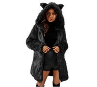 Fur Coat Women's Long Plain Faux Fur Coat with Ears Thick Warm Hoody Winter Jacket Fashionable Plush Winter Coat Fluffy Fur Coat Teddy Jacket Loose Hooded Coat Transition Coat, black, S