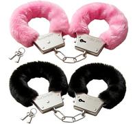Fur Handcuffs Women's - Pink and Blake with Keys Set Fluffy Soft Silver Comfortable Hen Night Fancy Dress Up Police Cosplay Costume Props Accessories Play Party Toys Supplies Lover Couple