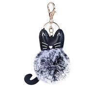 Fur Keychain Doll Keychain Adorable Leather Kitten Plush Toy Rabbit Fur Style Pom Keyring Embellished with Pearls and Rhinestones Handbag and Car Key Accessory Blue (Black White)