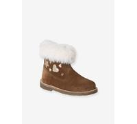 Fur-Lined Zip Leather Boots for Girls brown