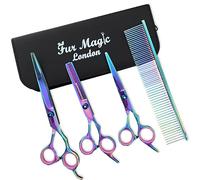 Fur Magic Dog Grooming Scissors Set, 4 Pieces Stainless Steel Grooming Products for Dogs and Cats with Straight Shears, Thinning Shears, Curved Scissors and Grooming Comb