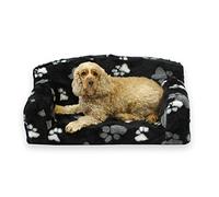 Fur Paws - Faux Fur Pet Sofa. Nice Pet Settee. Very Soft Dog bed. Removable cover for animal Couch. Inner material is high grade foam. UK MANUFACTURER (Black with paws, Small 82 x 46 x 34cm)