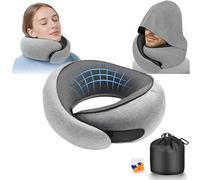 Furansijin Travel Pillow, Neck Pillow for Airplane with Hood | 360° Memory Foam Support | Ergonomic Wrap Around Design| for Cars, Train, Office | Includes Travel Case & Earplugs - Light Grey