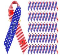 Furbeko 100 Pcs Veterans Day American Flag Poppy Ribbon Pins Patriotic LEST WE FORGET Red White Blue Stripe Fabric Ribbon Brooches Pins for Memorial Flag Day Holiday Seasons Party Supplies
