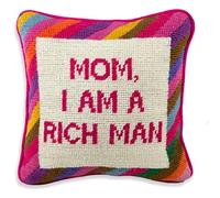 FURBISH Needlepoint Decorative Throw Pillow - Mom I Am a Rich Man - 10" x 10" - Small Embroidered Accent Pillow for Bed, Chair, Couch, Sofa - Aesthetic Room Decor