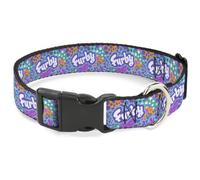 Furby Plastic Clip Dog Collar | Furby Title Logo and Fur Prints Collage Multi Color White Durable Adjustable ID Tag Ring Side Release