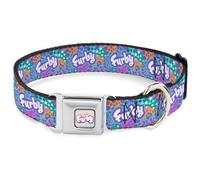 Furby Seatbelt Buckle Dog Collar | Furby Title Logo and Fur Prints Collage Multi Color White Durable Metal Adjustable ID Tag Ring