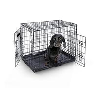 Furdreams 24-Inch Dog Cage Crate - Heavy Duty Black Metal Folding Crate with 2 Doors (Front & Side), Chew-Resistant Plastic Base Tray, and Carrier Handle - Ideal for Puppy Training (60 x 45 x 50cm)